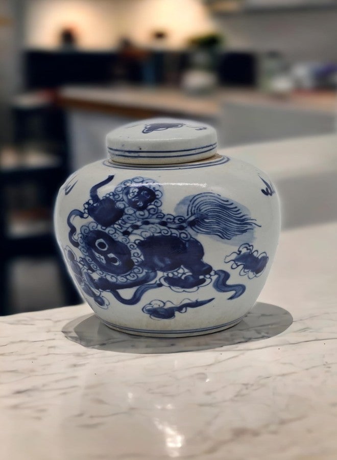 Festcool Retro Antique Like Style Blue and White Porcelain Lion Dancing Ceramic Covered Ginger Jar Vase, China Ming Style, Jingdezhen (LJ2) - Image 1
